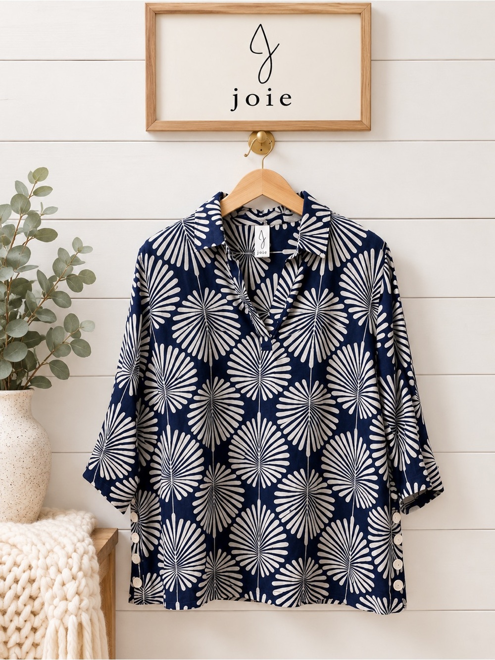 Joie 100% Linen Printed Tunic Top Navy Ivory Size 1X